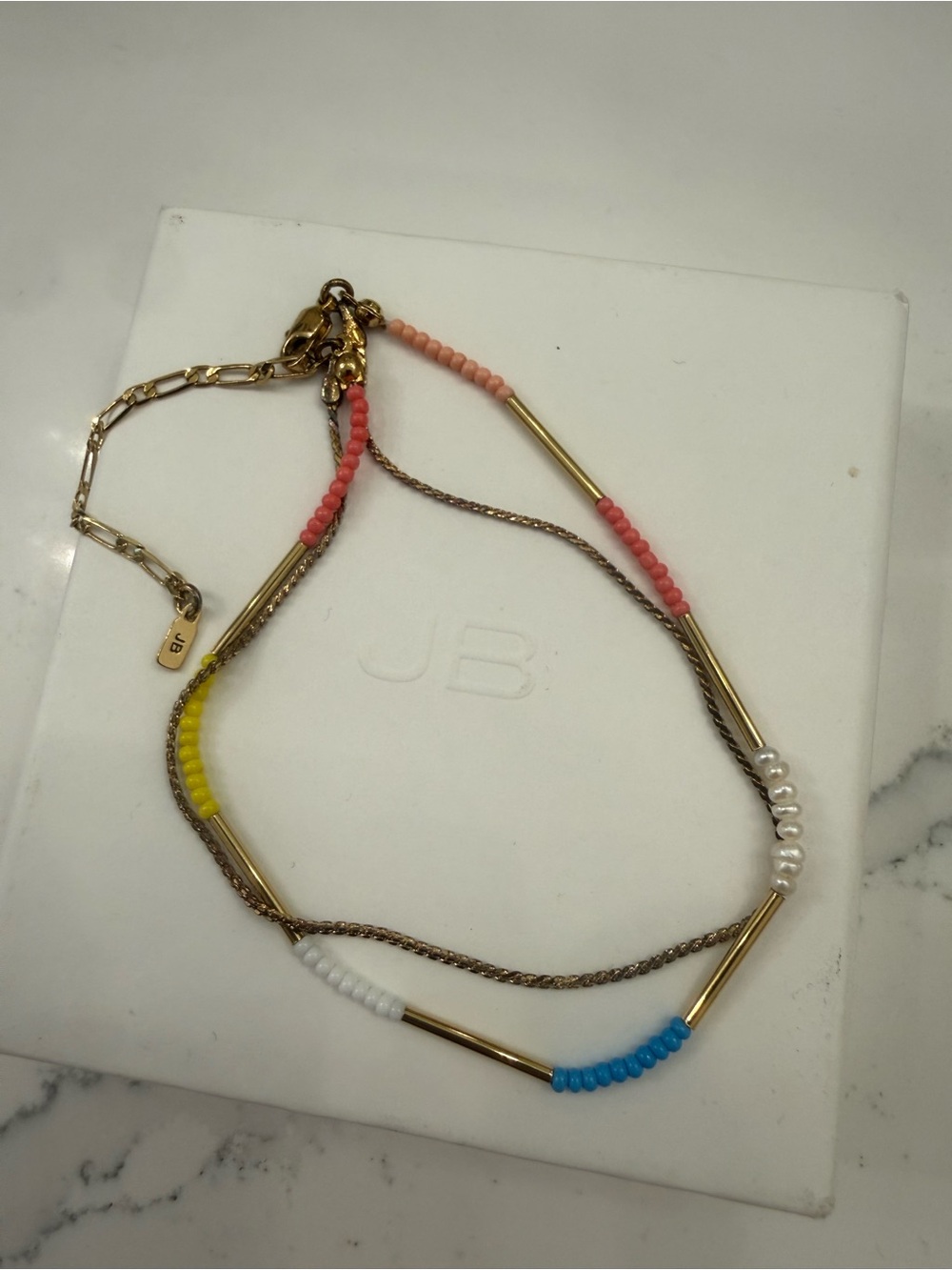 Jenny Bird Gold Chain Bracelet with Coral, Peach, Yellow, White, and Blue Beads